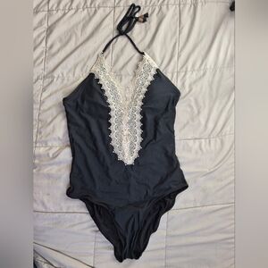 Anthropologie Mermaid Lace-Front Maillot Plunge Swimsuit, Medium, Black, VGUC